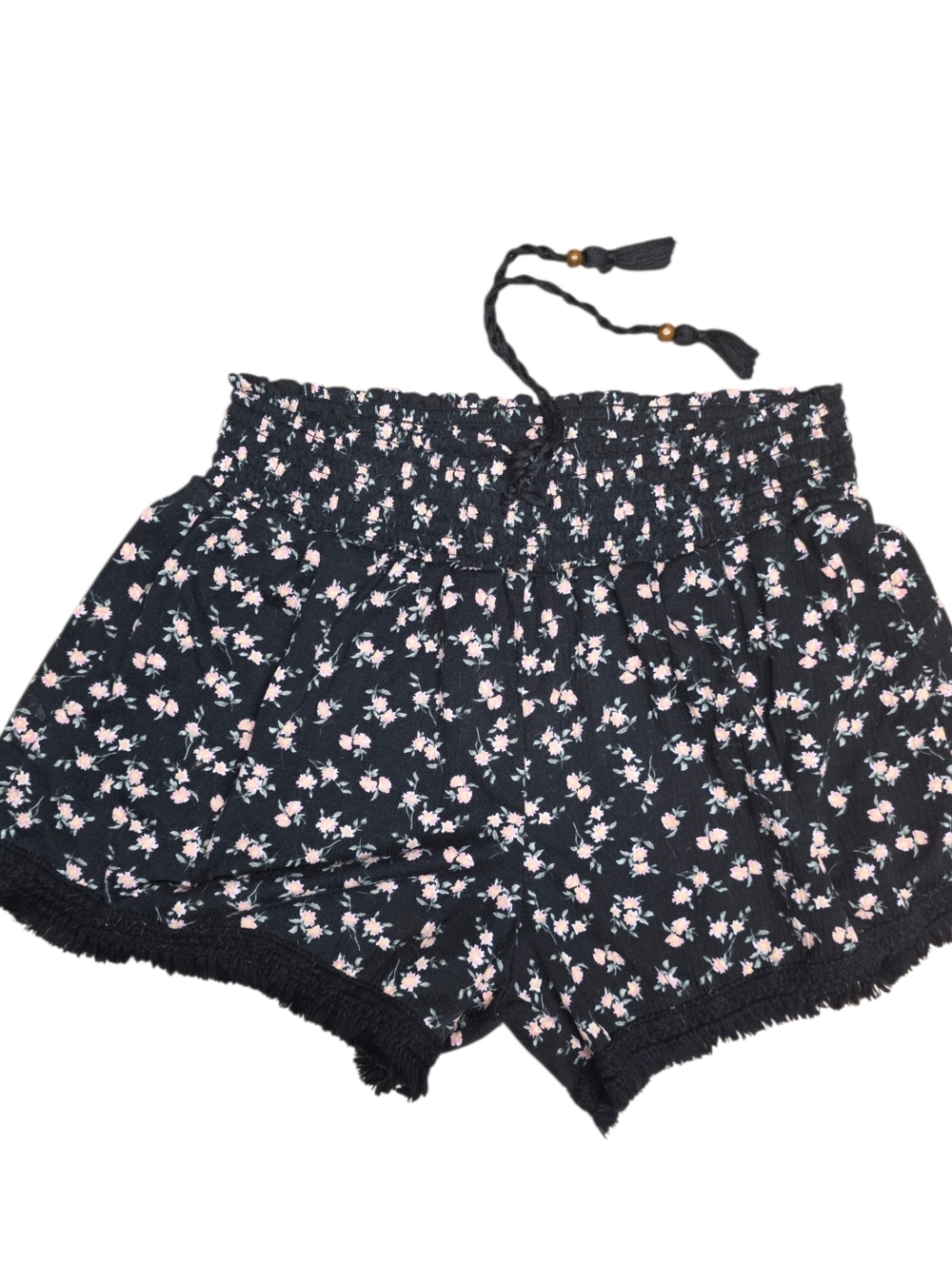 Pink Floral On Black Elastic Waist Shorts